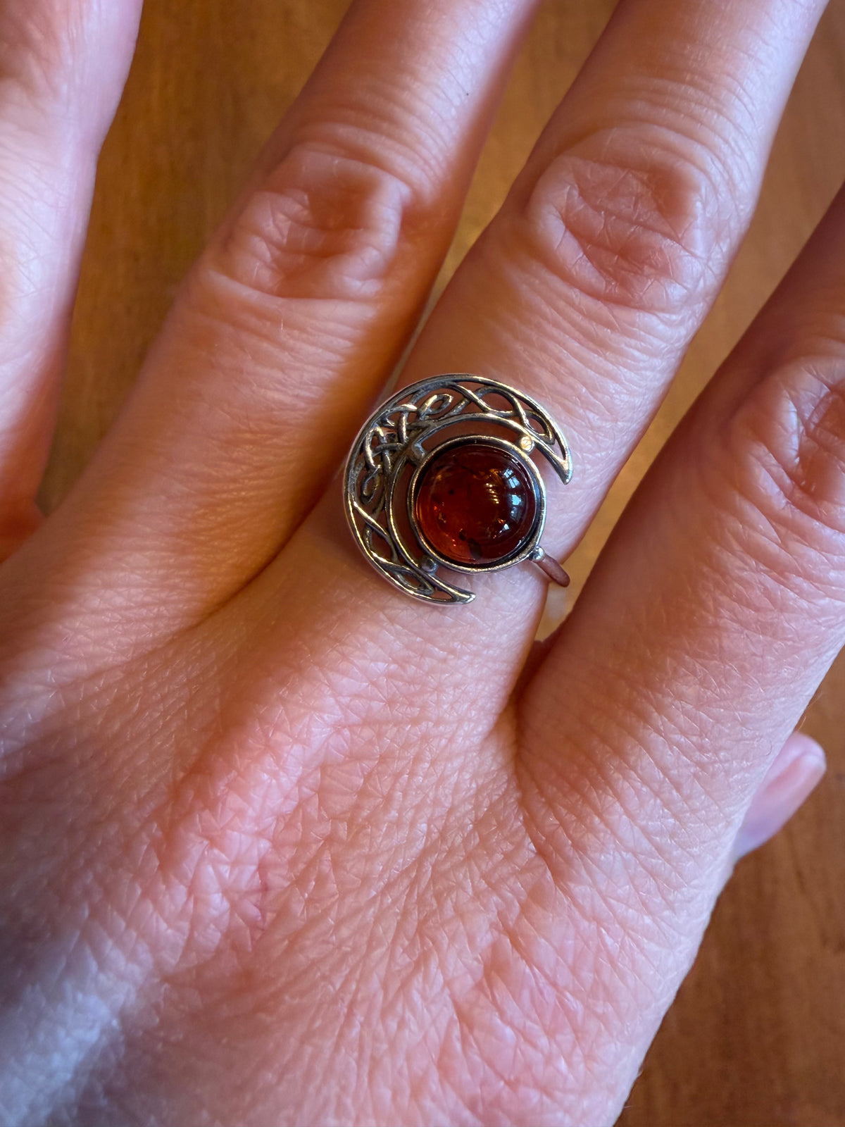 Bague lune en argent 925 avec ambre cognac