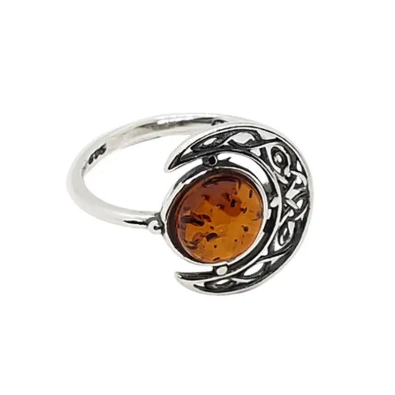 Bague lune en argent 925 avec ambre cognac